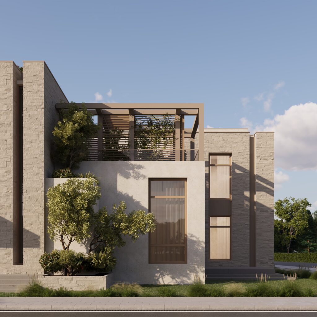 Exterior render of The Monolith, a contemporary cast-concrete residential villa in Islamabad by ARCHILAD